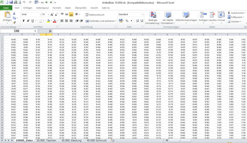 Screenshot einer Excel-Datei mit fortlaufenden Artikelnummern und jeweils einem Reiter pro Sortimentsgruppe als Basis für die Sortimentspflege im Onlineshops stationärer Händler