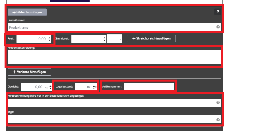 Screenshot der Erfassungsmaske für das Hinzufügen neuer Produkte in Jimdoo Onlineshio mit Feldern wie "Produktname", "Preis", "Produktbeschreibung", "Lagerbestand", "Artikelnummer", "Kurzbeschreibung" und "Tags" - gekennzeichnet sind die Felder, die für stationäre Händler relevant sind