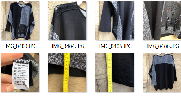 Screenshot des Datei-Ordners mit verschiedenen Bild-Dateien für den Onlineshop eines stationären Händlers, die in einer Vorschau angezeigt werden. Darauf sieht man abgebildete Produkte als Imagebild sowie mit einem Meterstab zur Anzeige der Maße und ein Foto des Produktmaterials